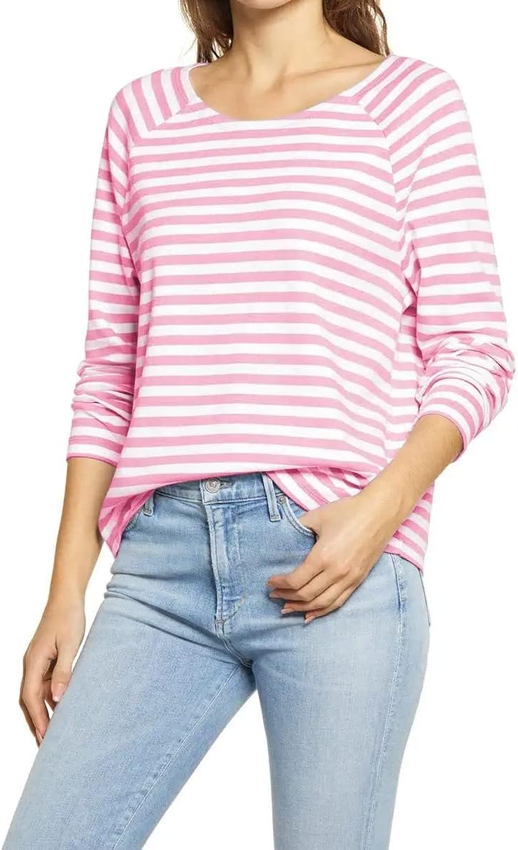 Ladiyo Women’s Casual Striped Long Sleeve Crewneck Top Lightweight Tunic Pullover