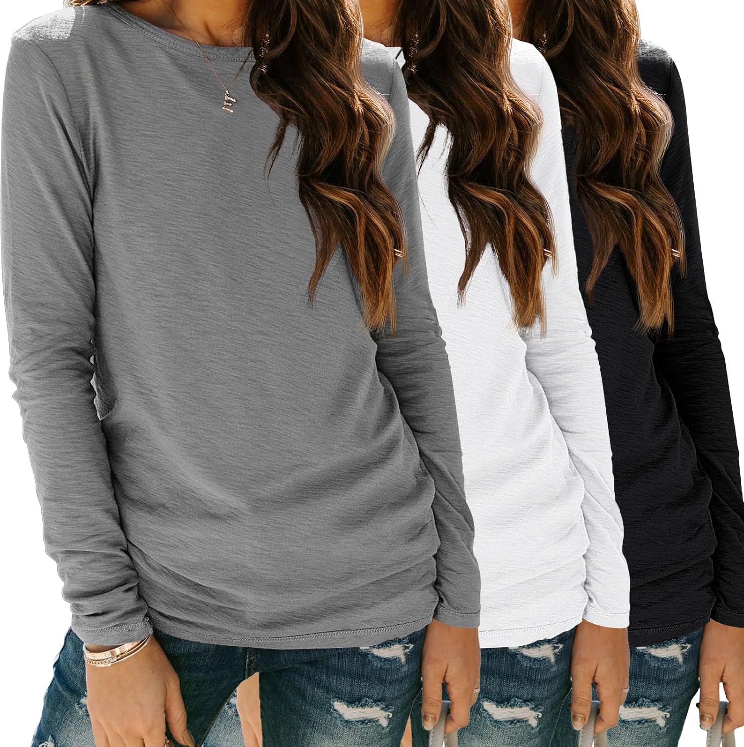 SUNBS Women’s 3-Pack Long Sleeve Tops Loose Fit Fall Shirts 2025 Basic Casual Tees