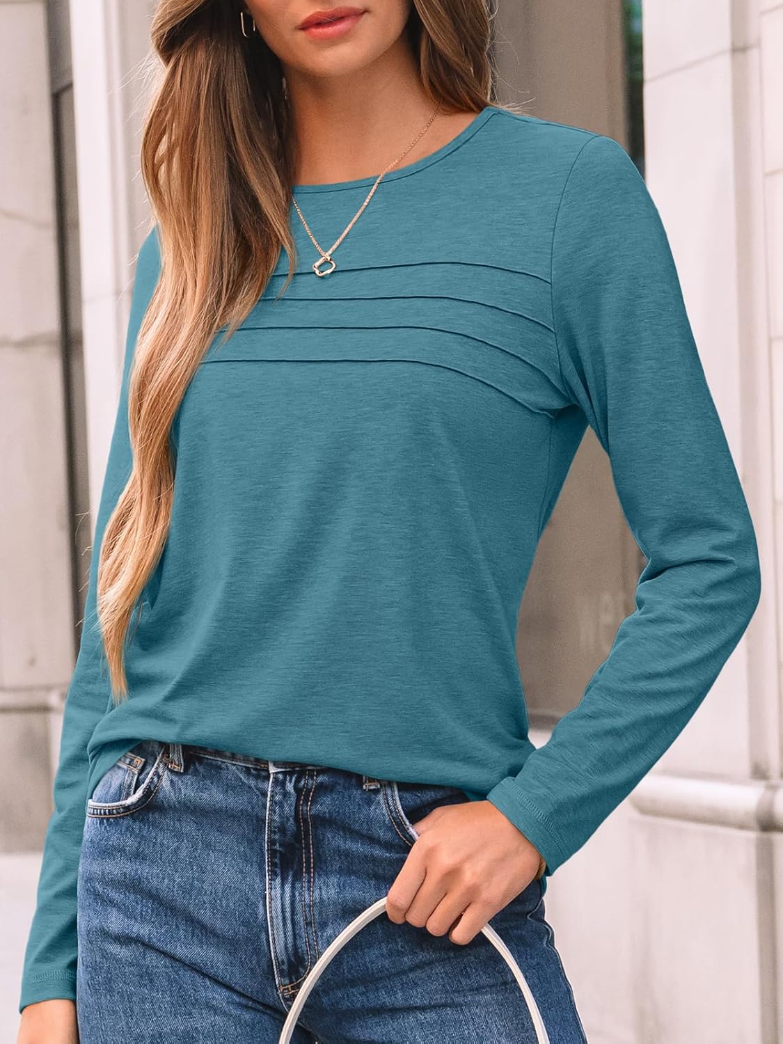 AUTOMET Women’s Long Sleeve Pleated Top – Casual Dressy Business Blouse, Trendy Tunic Basic Shirt