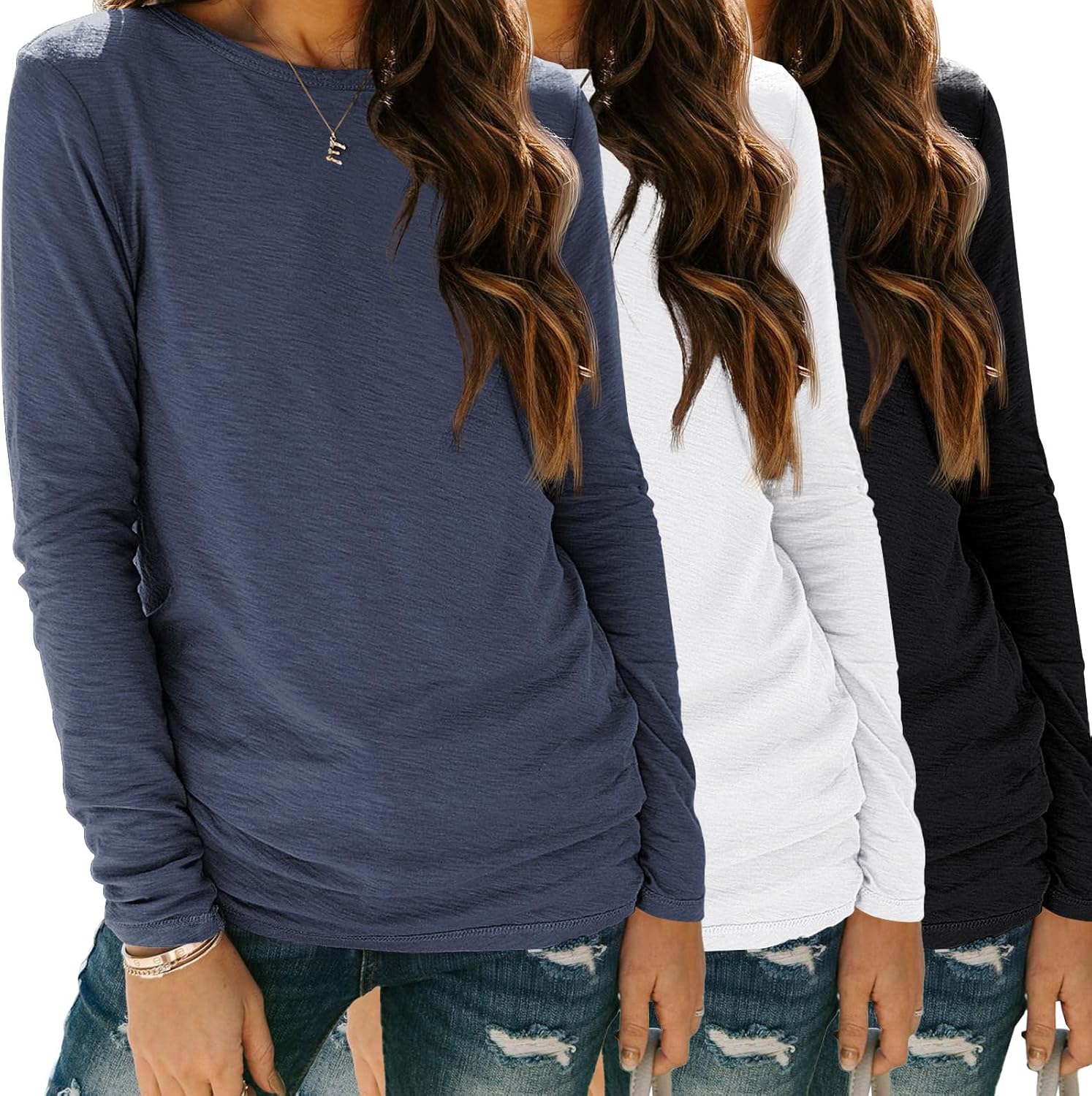 SUNBS Women’s 3-Pack Long Sleeve Tops Loose Fit Fall Shirts 2025 Basic Casual Tees