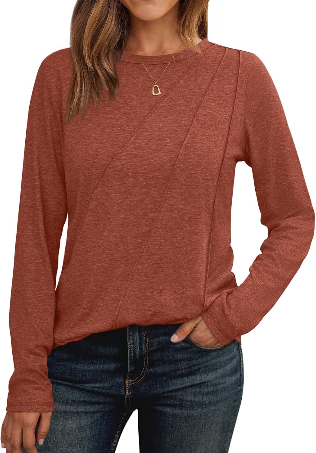AUTOMET Women’s Long Sleeve Pleated Crew Neck Top – Casual Loose Fit Lightweight Fall Fashion Shirt