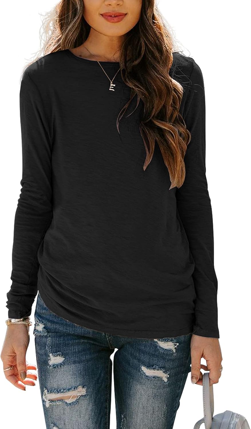 Sherosa Women’s Long Sleeve Crewneck Tops Basic Tee Blouse