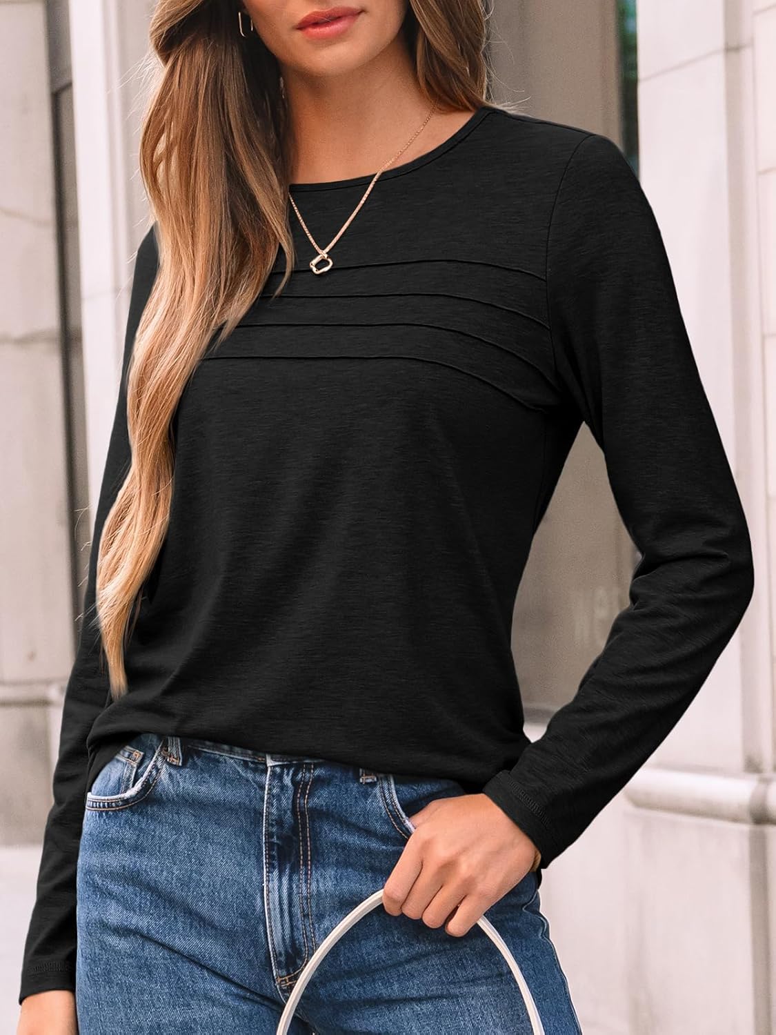 AUTOMET Women’s Long Sleeve Pleated Top – Casual Dressy Business Blouse, Trendy Tunic Basic Shirt