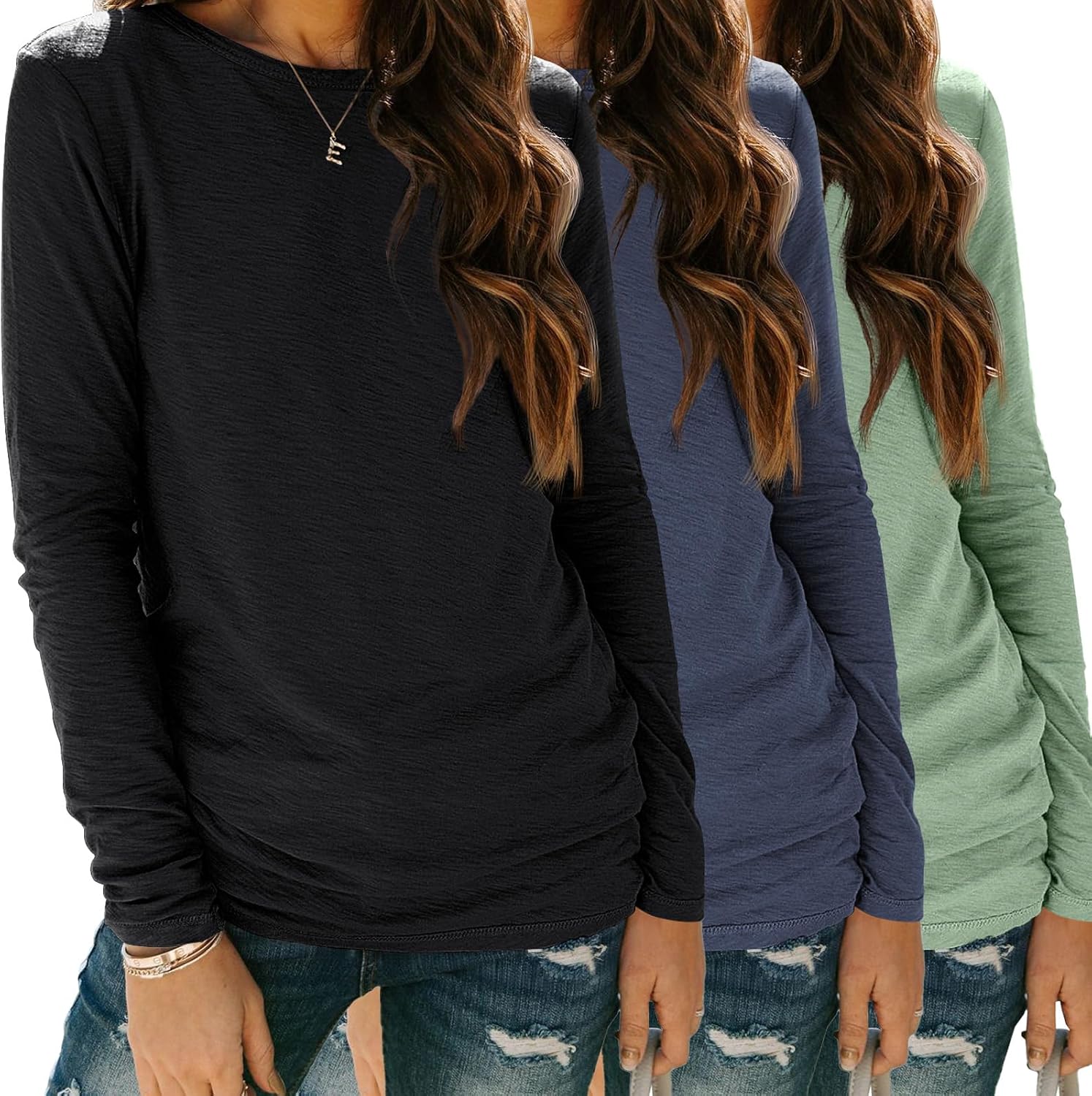 SUNBS Women’s 3-Pack Long Sleeve Tops Loose Fit Fall Shirts 2025 Basic Casual Tees