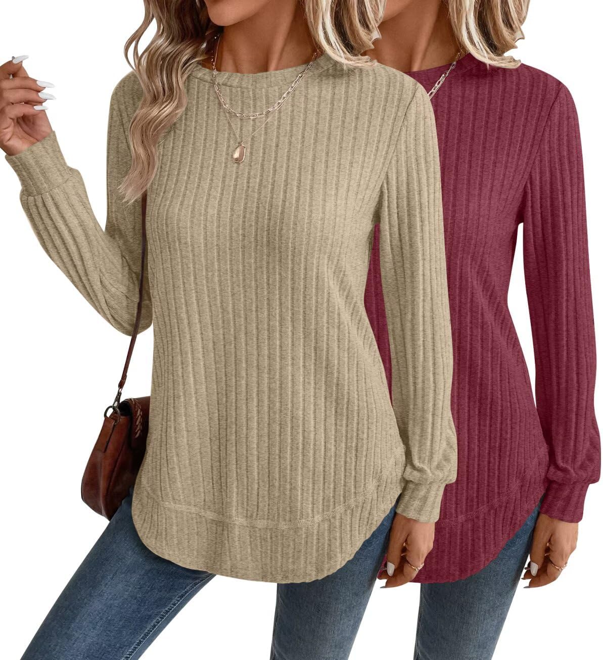 Bliwov Women’s Long Sleeve Crewneck Tunic Tops Loose Fit Fall Sweaters Blouses