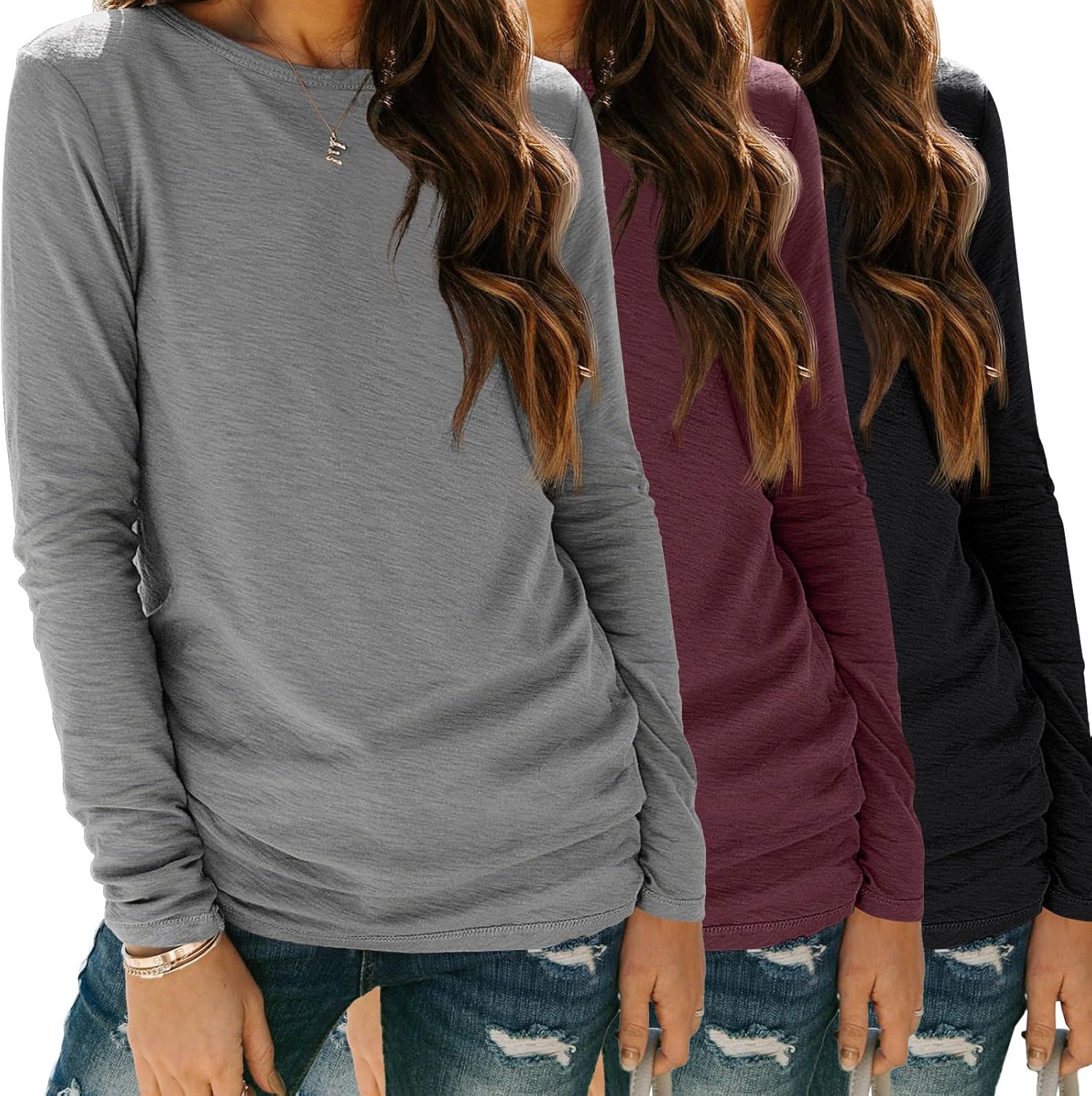 SUNBS Women’s 3-Pack Long Sleeve Tops Loose Fit Fall Shirts 2025 Basic Casual Tees
