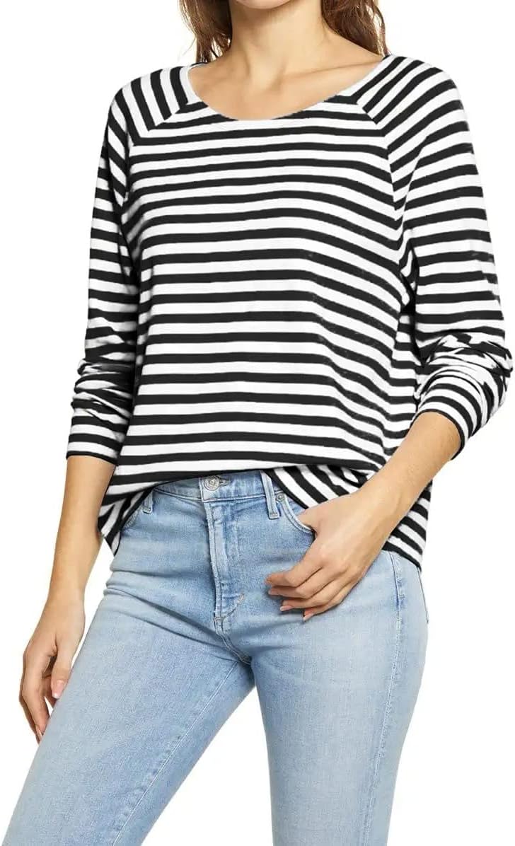 Ladiyo Women’s Casual Striped Long Sleeve Crewneck Top Lightweight Tunic Pullover