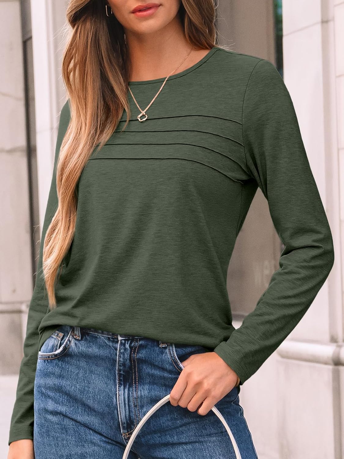 AUTOMET Women’s Long Sleeve Pleated Top – Casual Dressy Business Blouse, Trendy Tunic Basic Shirt