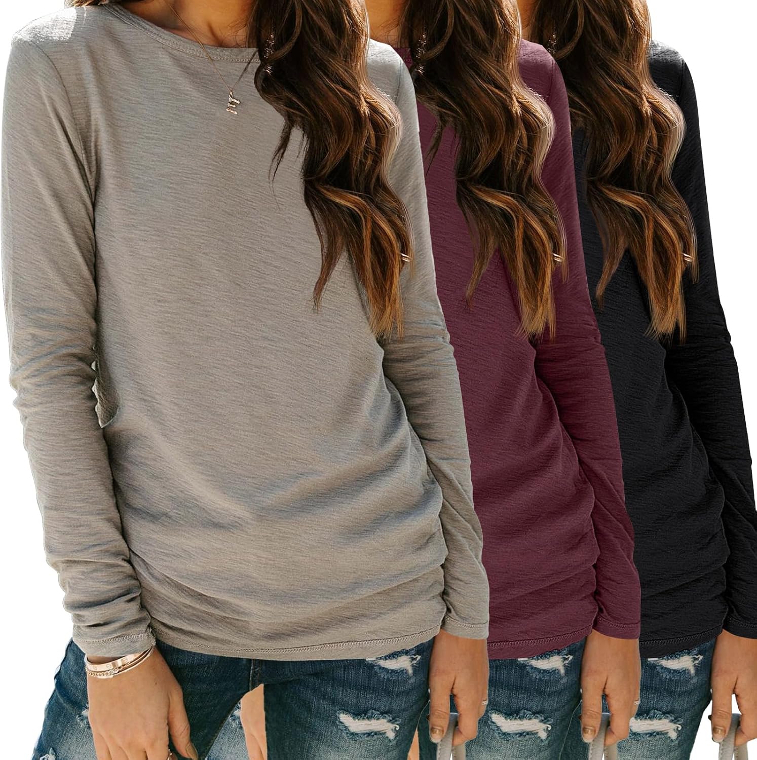 SUNBS Women’s 3-Pack Long Sleeve Tops Loose Fit Fall Shirts 2025 Basic Casual Tees