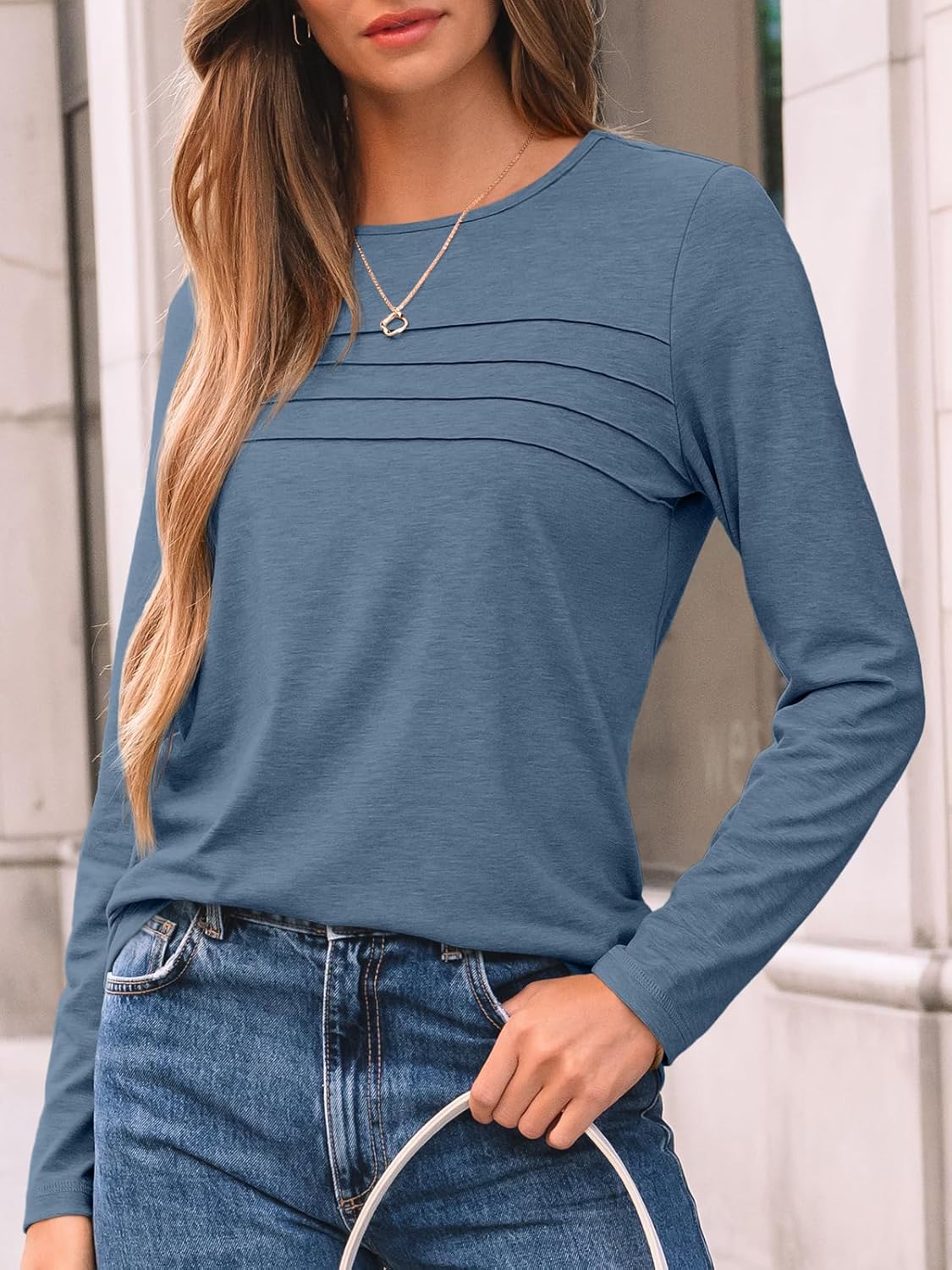 AUTOMET Women’s Long Sleeve Pleated Top – Casual Dressy Business Blouse, Trendy Tunic Basic Shirt
