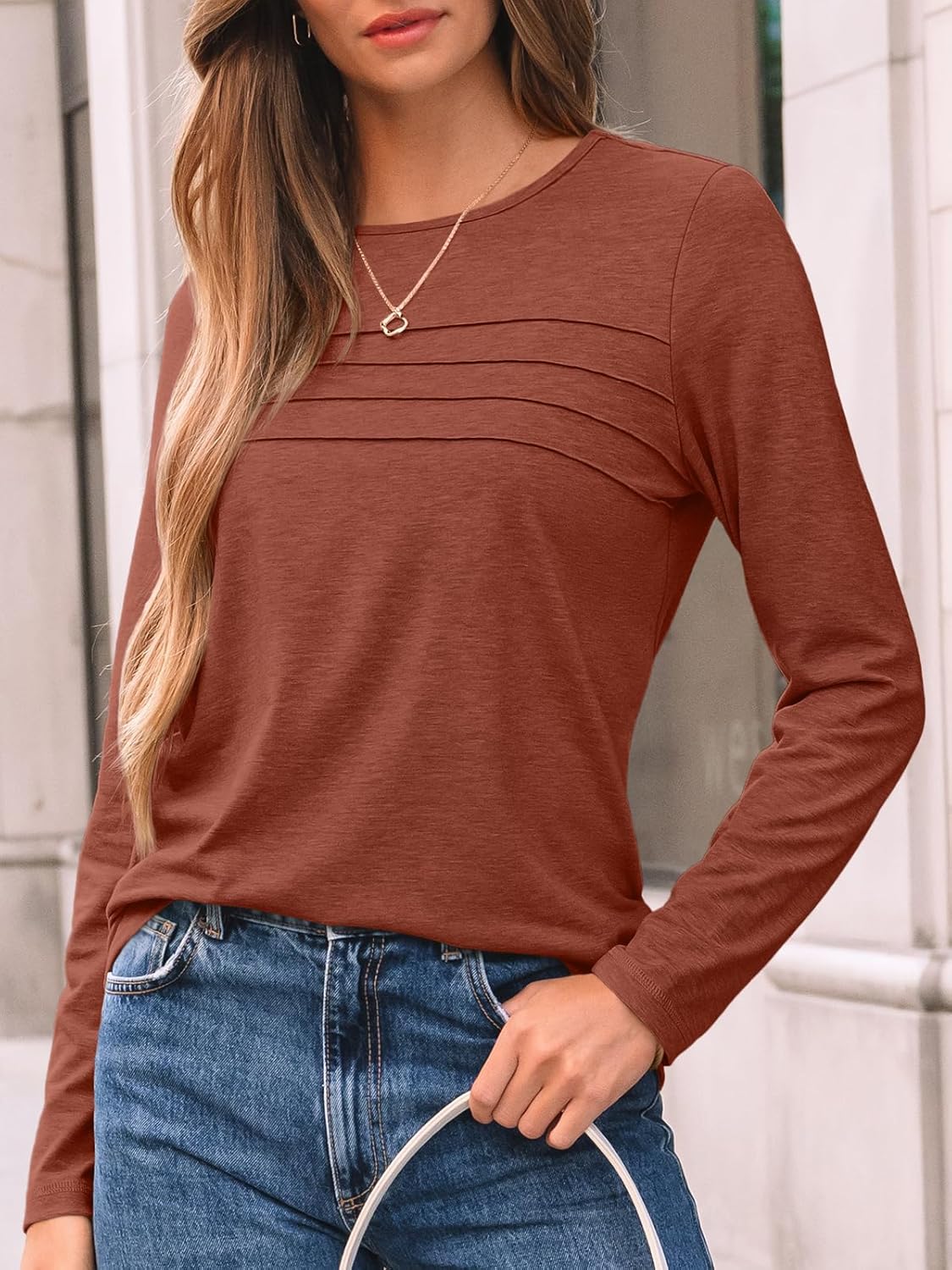 AUTOMET Women’s Long Sleeve Pleated Top – Casual Dressy Business Blouse, Trendy Tunic Basic Shirt
