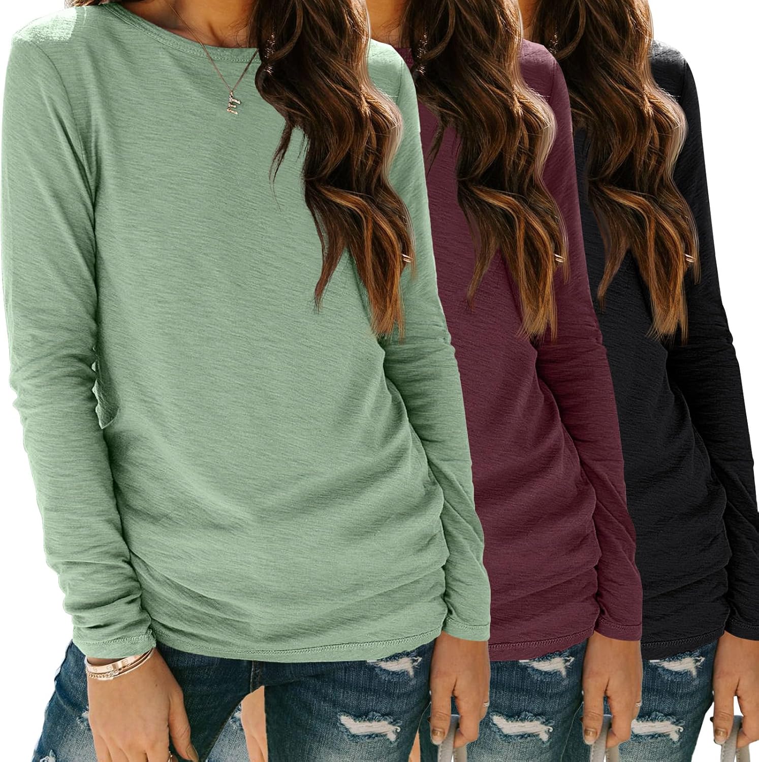 SUNBS Women’s 3-Pack Long Sleeve Tops Loose Fit Fall Shirts 2025 Basic Casual Tees