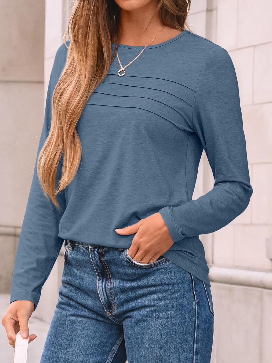 AUTOMET Women’s Long Sleeve Pleated Top – Casual Dressy Business Blouse, Trendy Tunic Basic Shirt