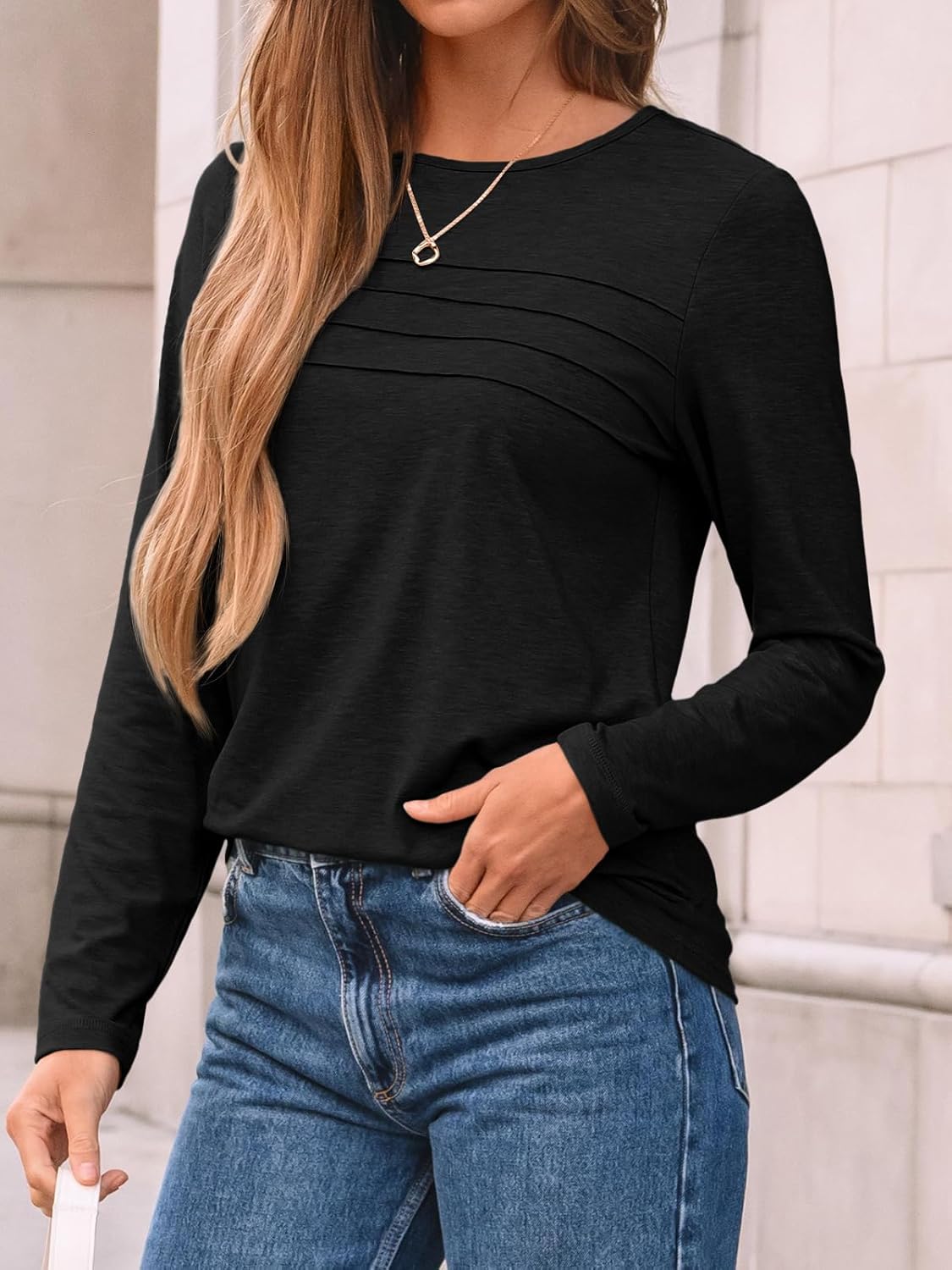 AUTOMET Women’s Long Sleeve Pleated Top – Casual Dressy Business Blouse, Trendy Tunic Basic Shirt