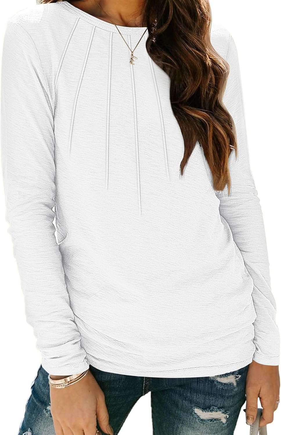 Women’s Long Sleeve Pleated Crew Neck Top – Casual Blouse, Basic Tee, Trendy Fall 2025