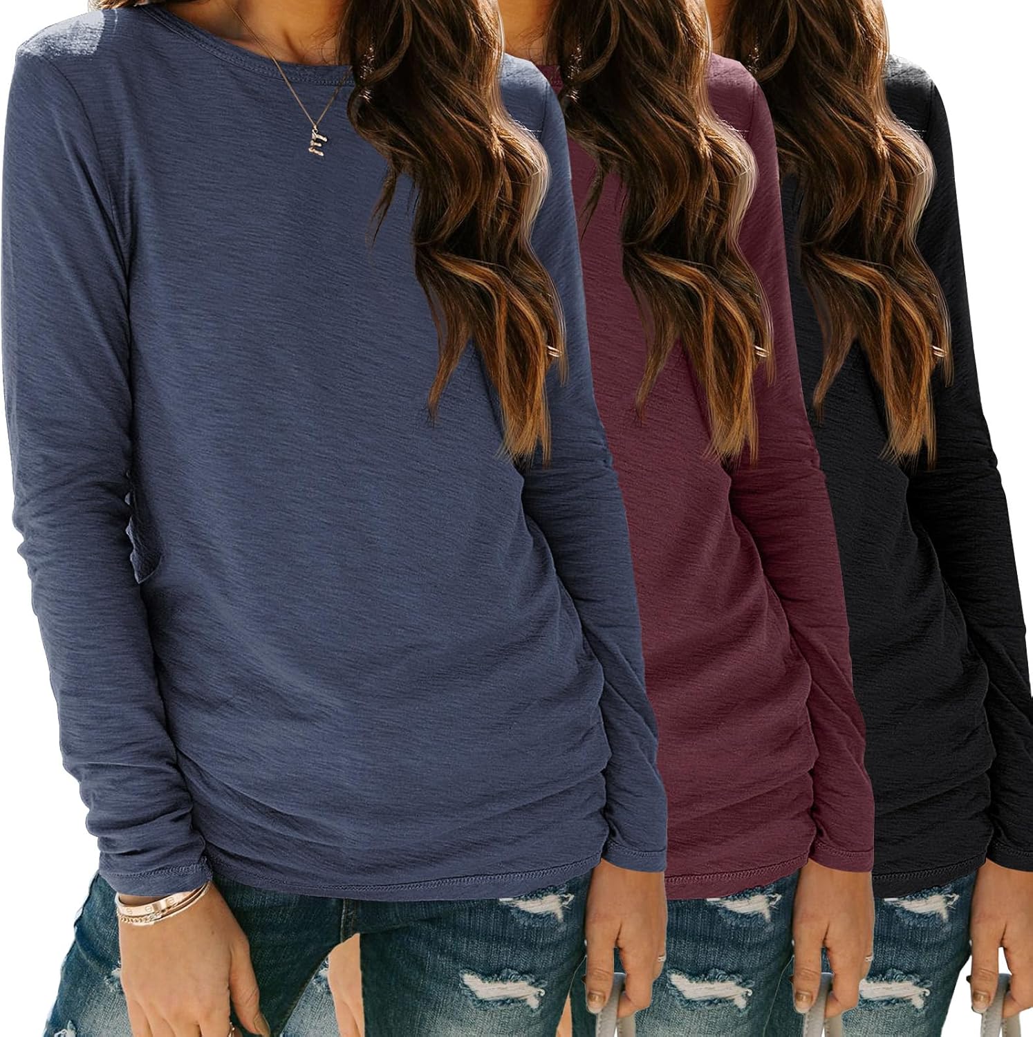 SUNBS Women’s 3-Pack Long Sleeve Tops Loose Fit Fall Shirts 2025 Basic Casual Tees