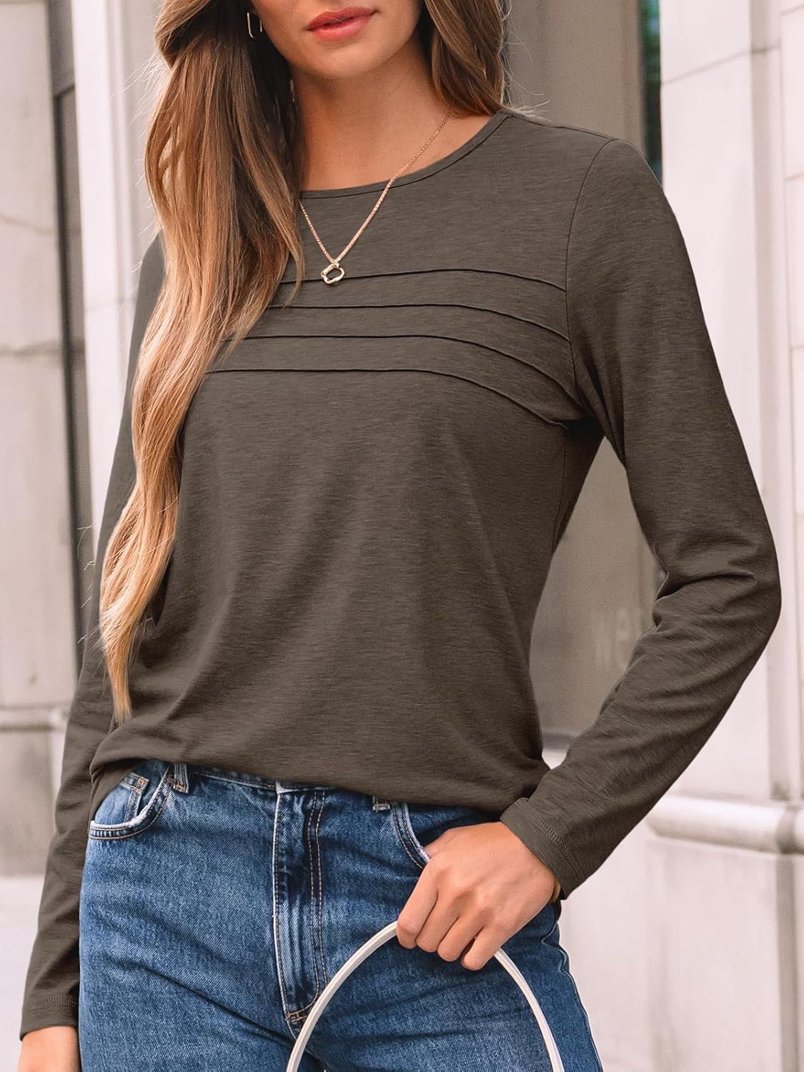 AUTOMET Women’s Long Sleeve Pleated Top – Casual Dressy Business Blouse, Trendy Tunic Basic Shirt