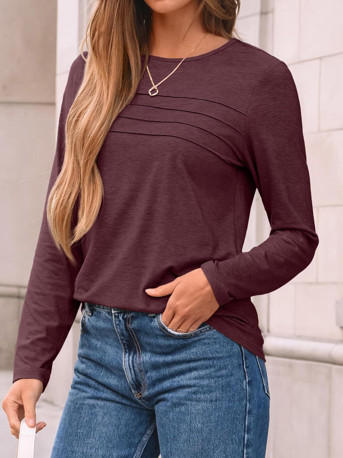 AUTOMET Women’s Long Sleeve Pleated Top – Casual Dressy Business Blouse, Trendy Tunic Basic Shirt