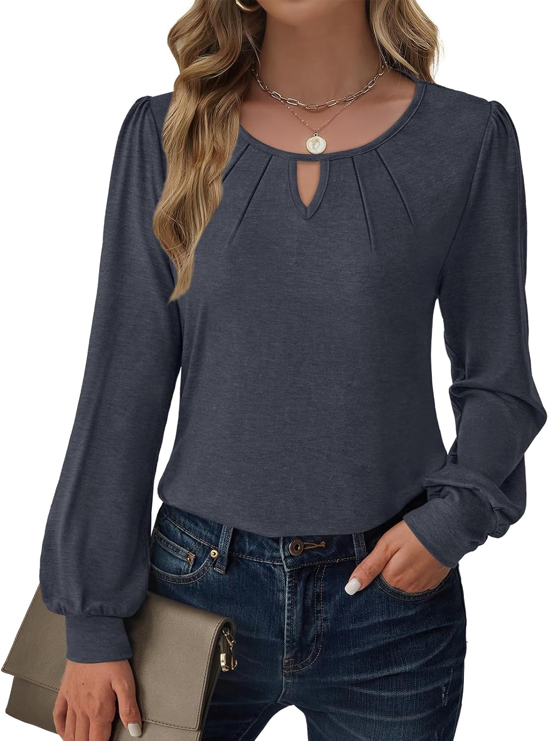 Women’s Long Sleeve V-Neck Tops 2025 Fall Loose Fit Business Casual Blouses