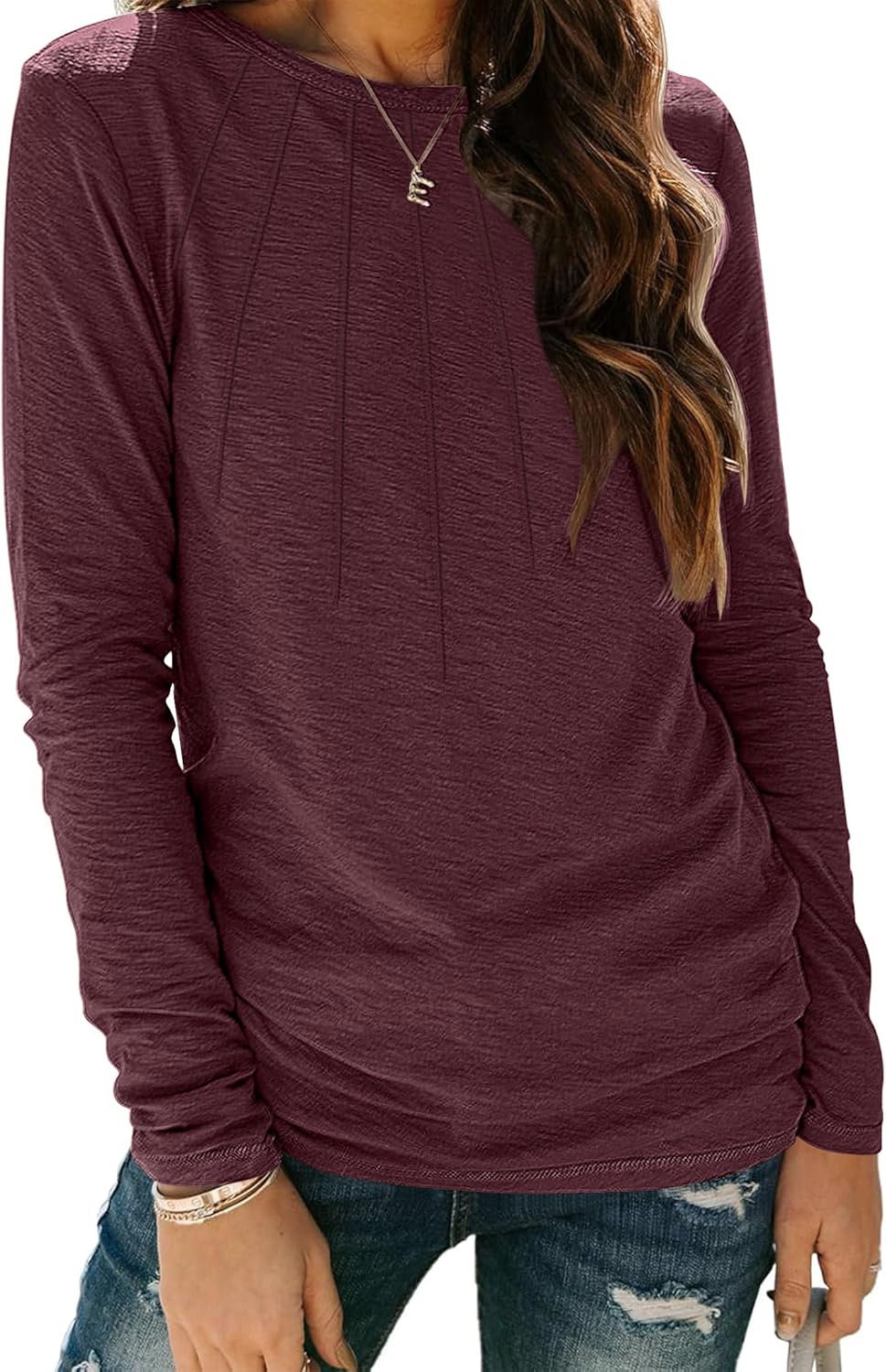 Women’s Long Sleeve Pleated Crew Neck Top – Casual Blouse, Basic Tee, Trendy Fall 2025