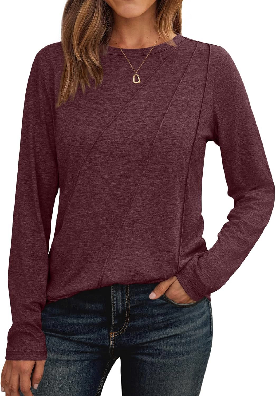 AUTOMET Women’s Long Sleeve Pleated Crew Neck Top – Casual Loose Fit Lightweight Fall Fashion Shirt