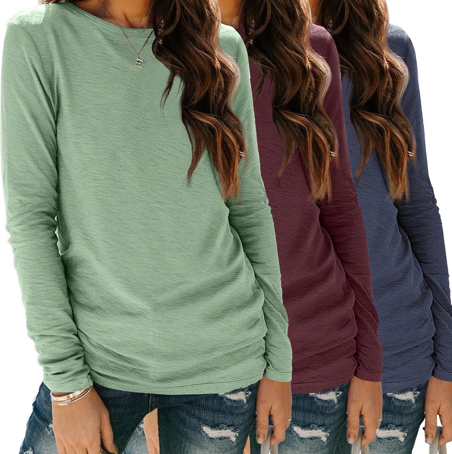 SUNBS Women’s 3-Pack Long Sleeve Tops Loose Fit Fall Shirts 2025 Basic Casual Tees
