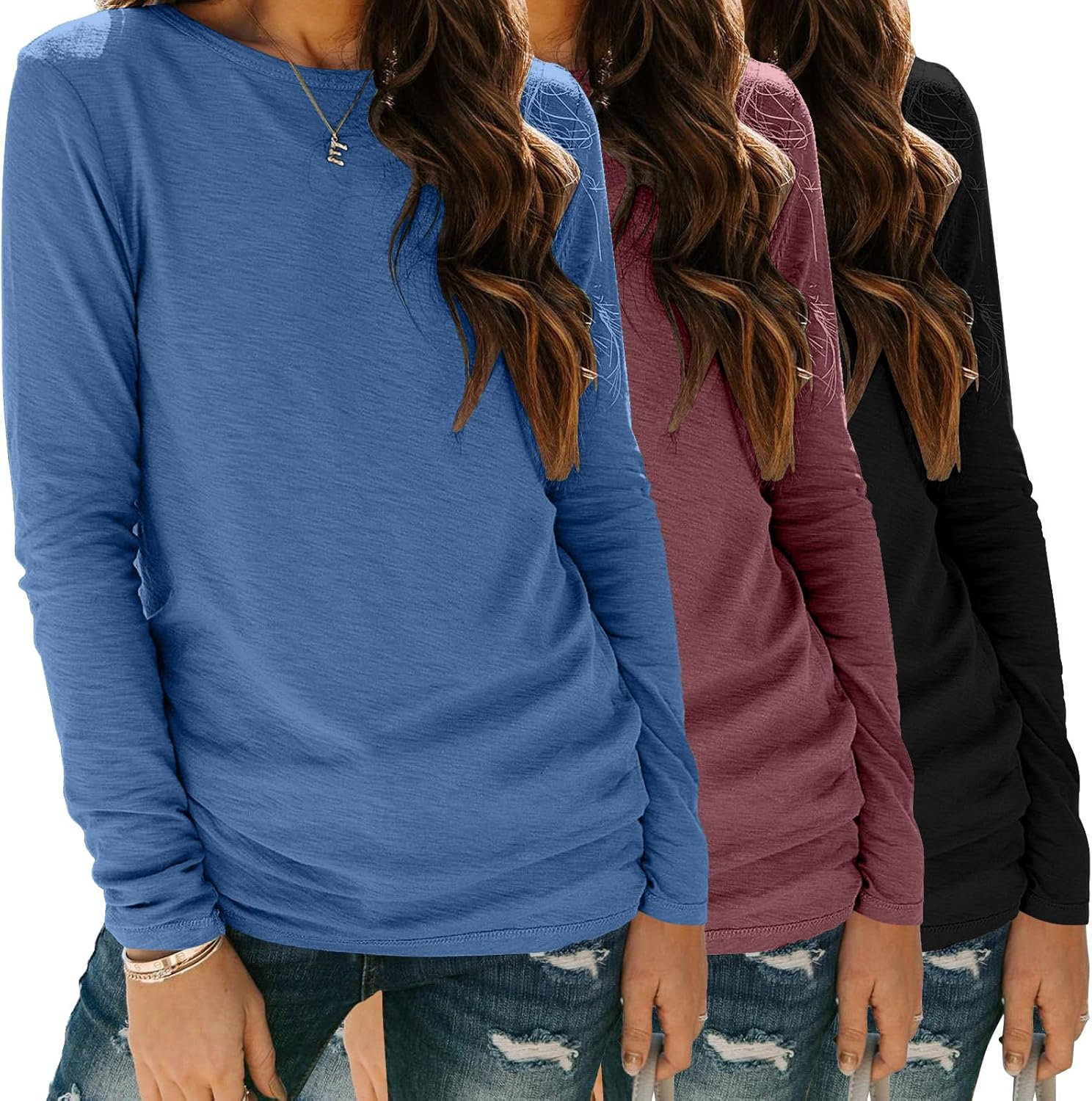 Zeagoo Women’s 3-Pack Long Sleeve Crew Neck Tops – Soft Casual Basic Tees, Fall Outfits