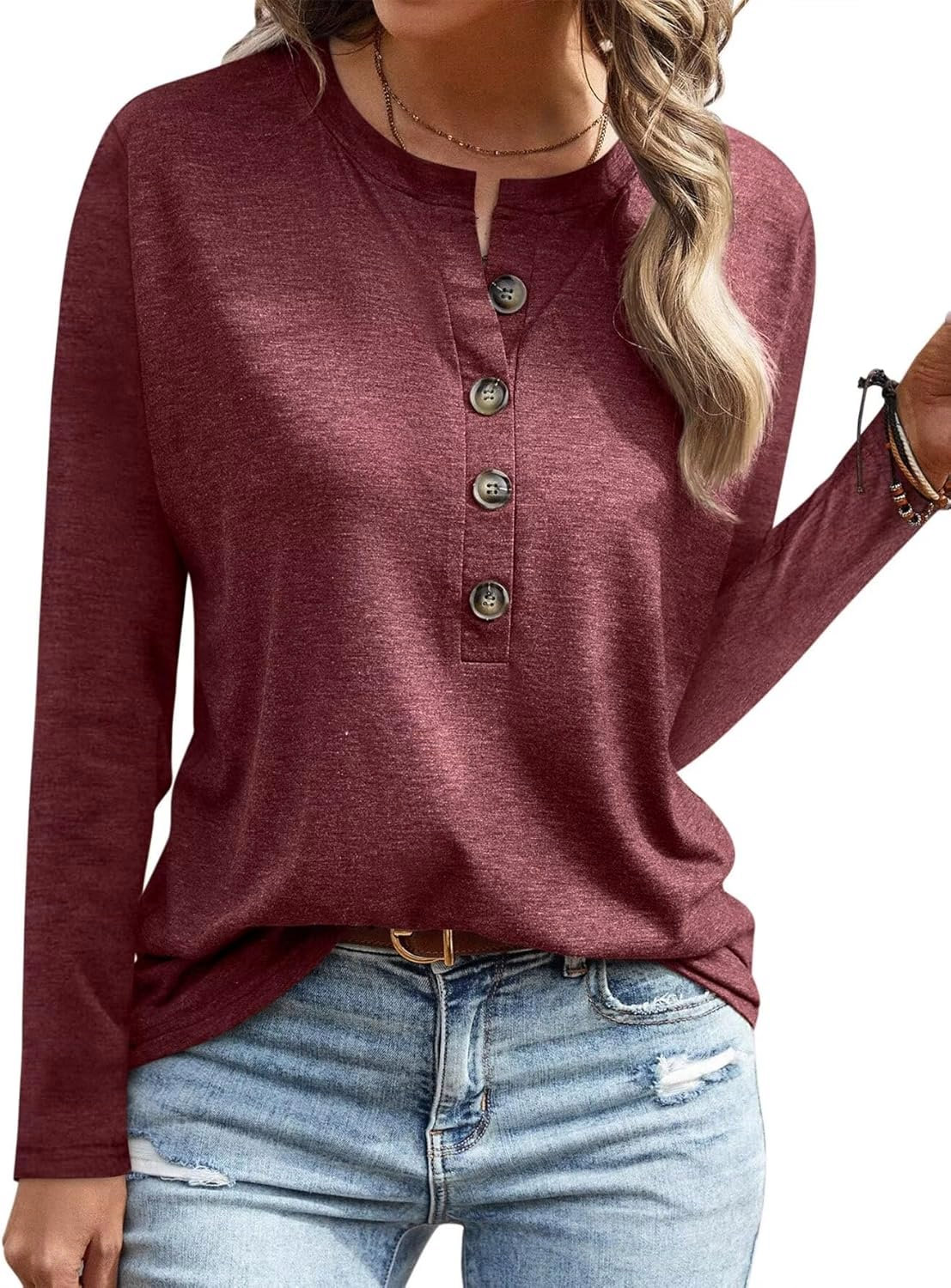 EADINVE Women’s Long Sleeve Crewneck Henley Tops 2024 Loose Fit Basic Blouse