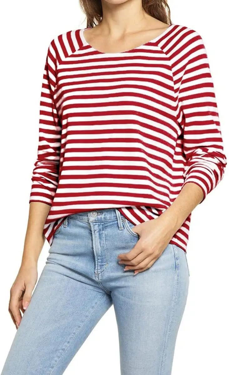 Ladiyo Women’s Casual Striped Long Sleeve Crewneck Top Lightweight Tunic Pullover