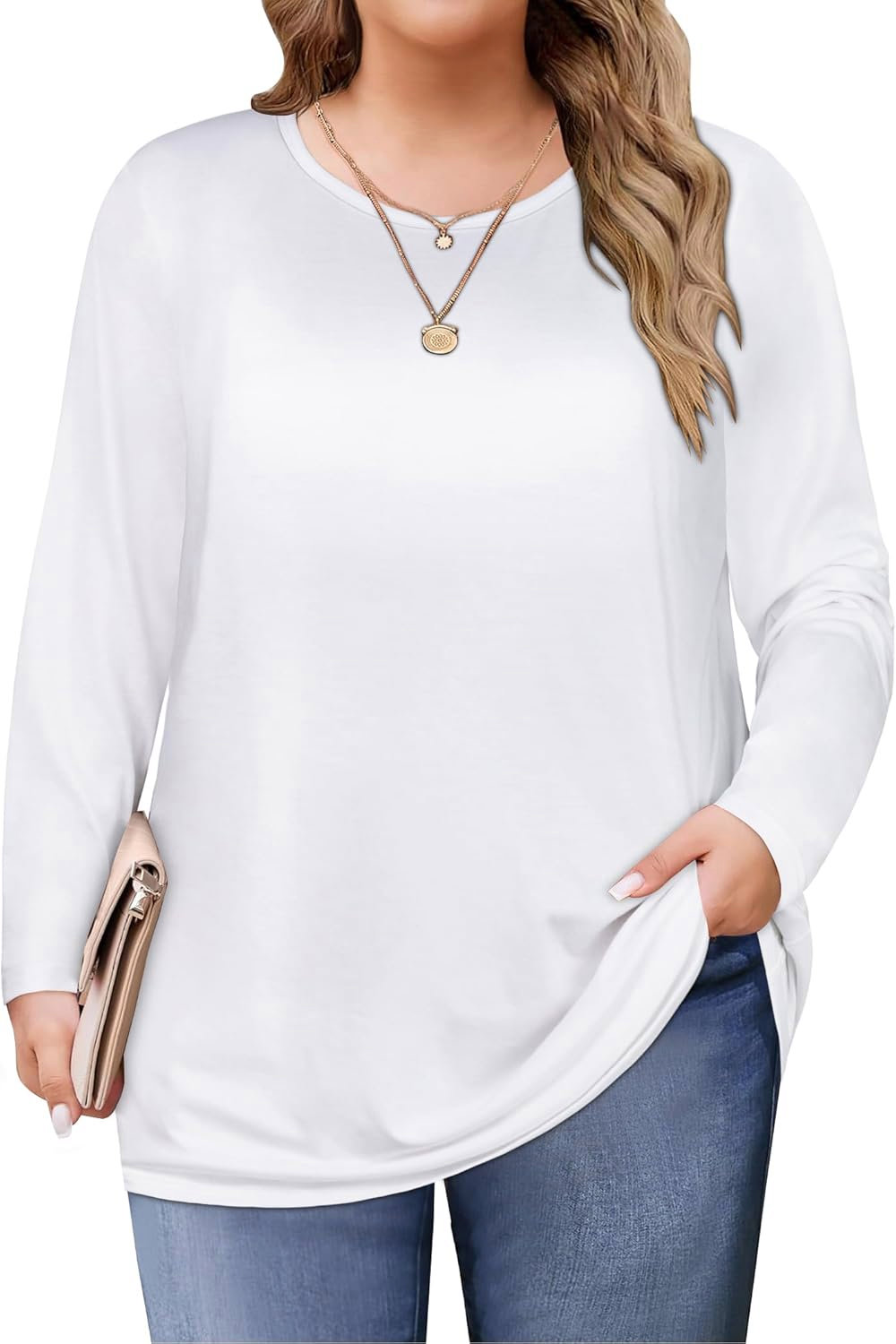 Women’s Plus Size Long Sleeve Crew Neck Top – Loose Fit Basic Casual Blouse, Fall Outfits