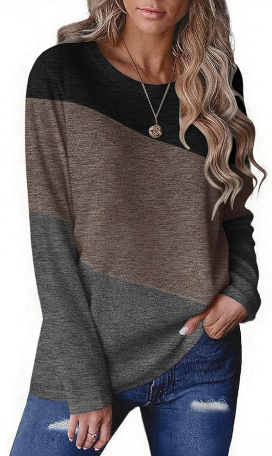 Zeagoo Women’s Long Sleeve Color Block Tunic Tops 2025 Casual Round Neck Pullover