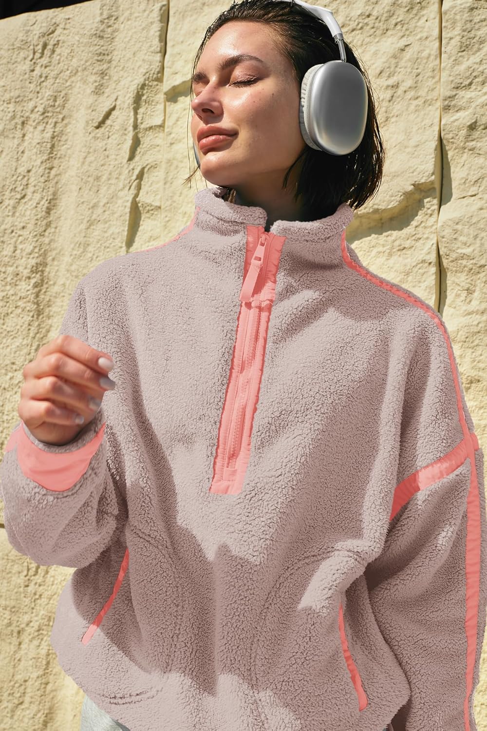 Panadila Women's Oversized Half Zip Sherpa Fleece Pullover Soft Fuzzy Sweatshirt with Pockets