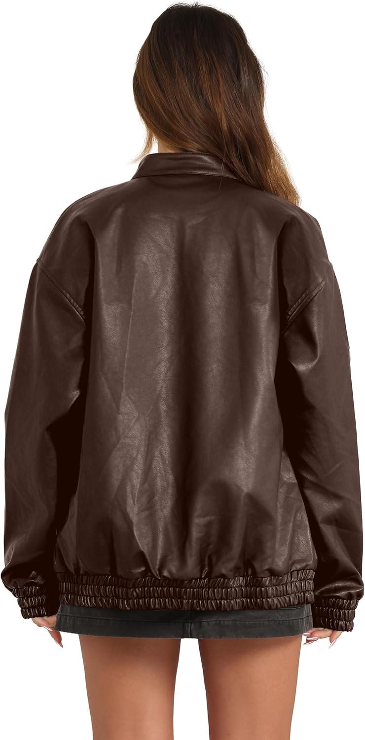 Sampeel Women's Faux Leather Oversized Motorcycle Jacket 2025 Fall Fashion Bomber Coat Winter Outfit