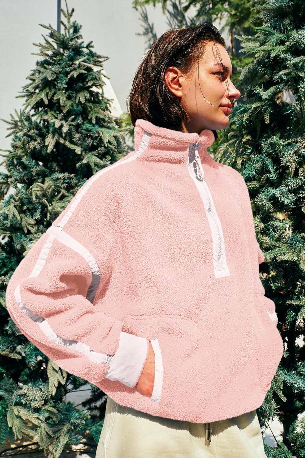 Panadila Women's Oversized Half Zip Sherpa Fleece Pullover Soft Fuzzy Sweatshirt with Pockets