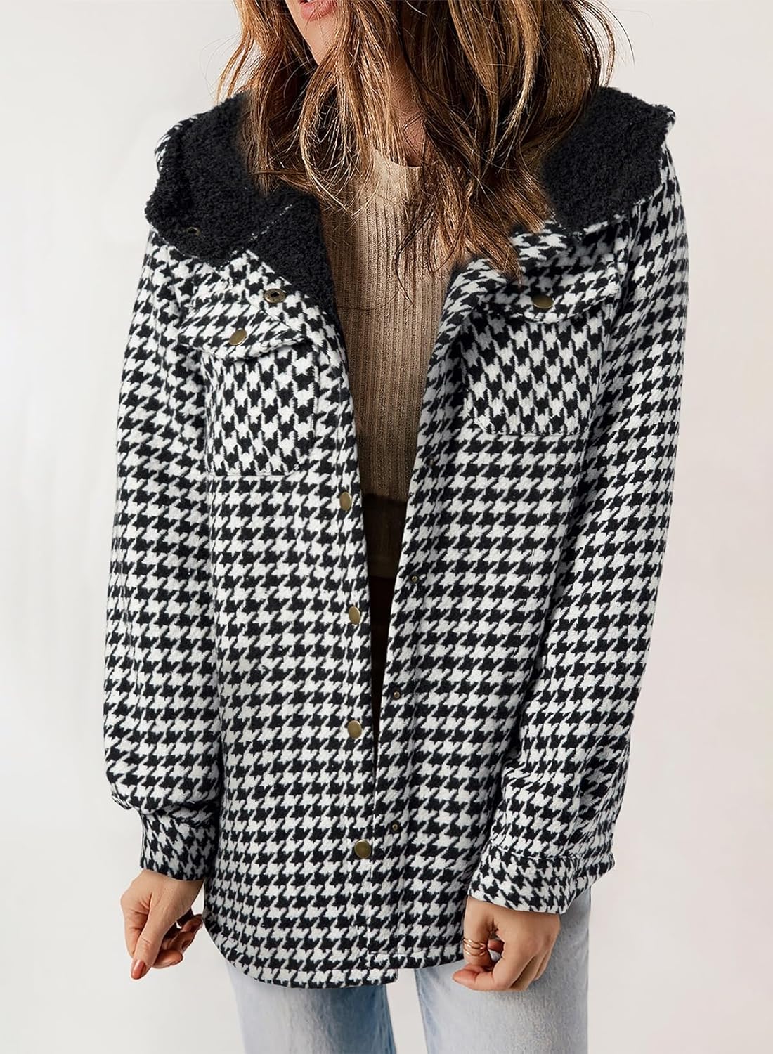 Dokotoo Women's Plaid Fleece Hooded Shacket Long Sleeve Button Down Warm Jacket Coat