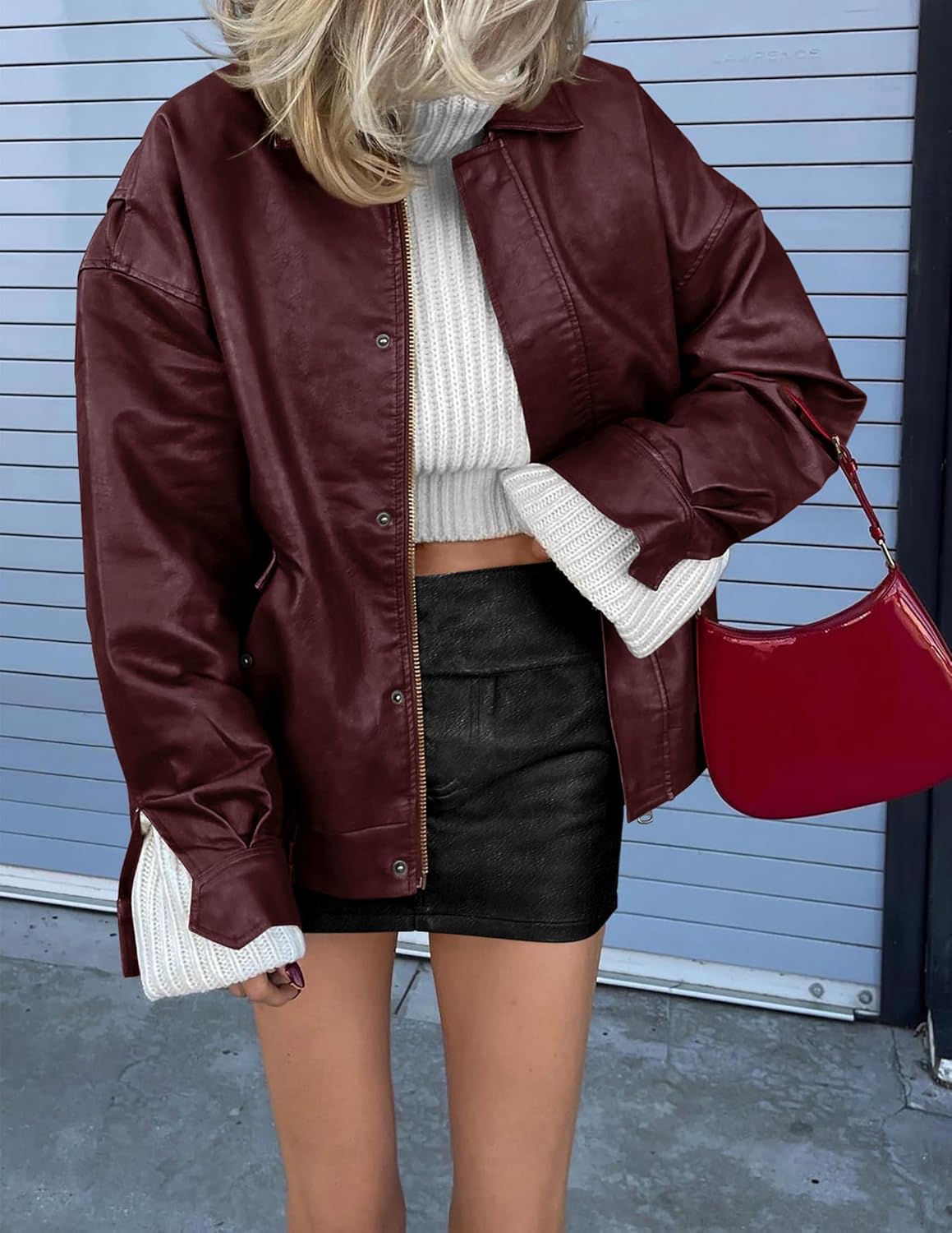 PRETTYGARDEN Women's Oversized Faux Leather Motorcycle Jacket Zip-Up Fall Spring Winter Coat Outerwear