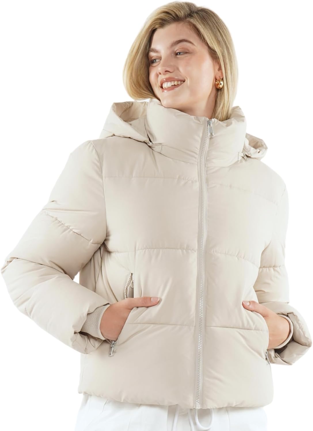 Women's Cropped Quilted Puffer Jacket with Removable Hood and Zippered Pockets Short Winter Coat