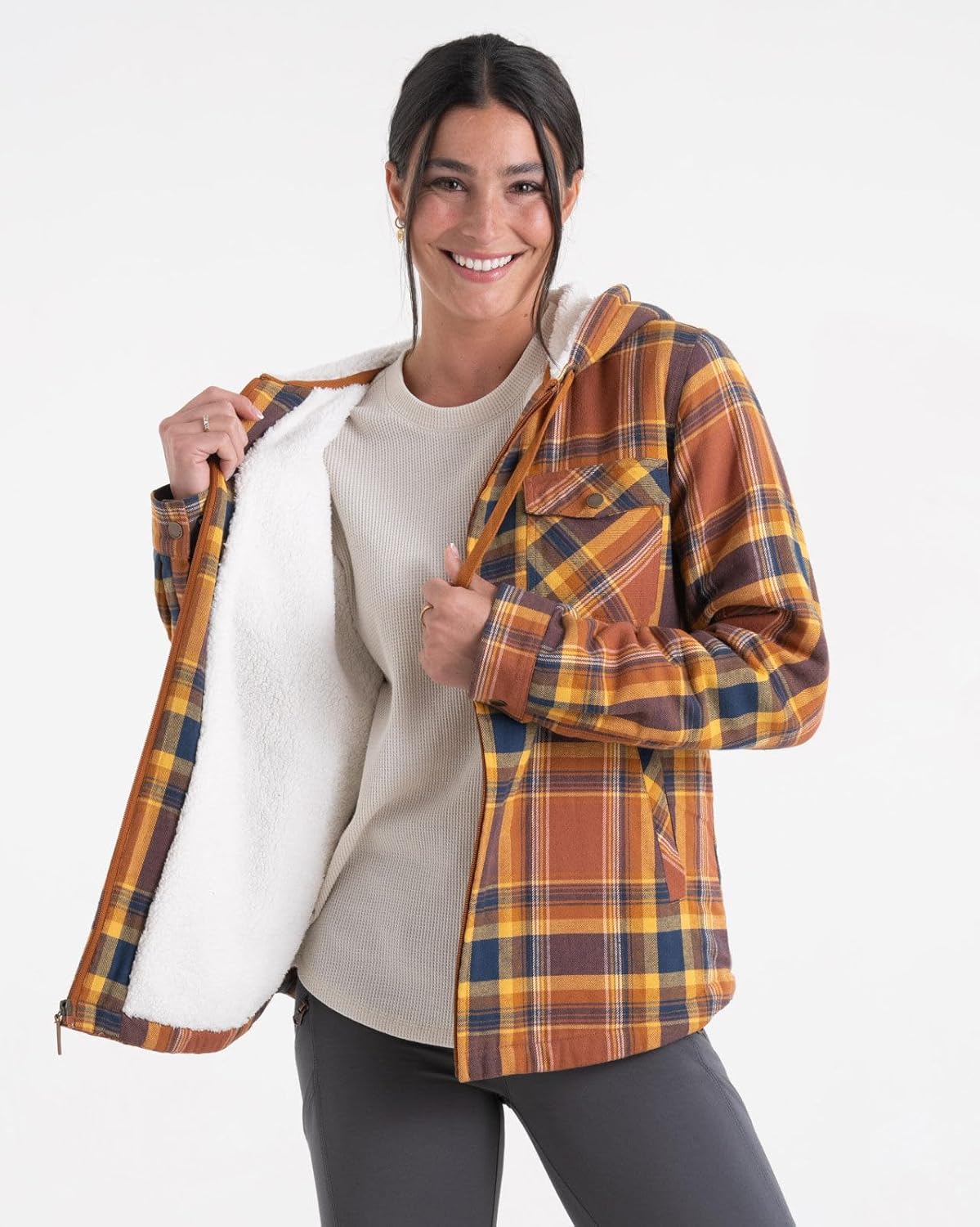 Legendary Whitetails Women's Berber-Lined Hooded Shacket Button Down Shirt Jacket with Drawstring Hood