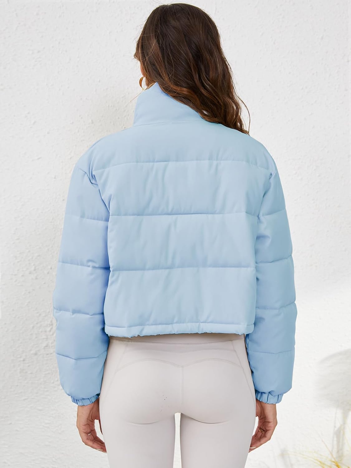 Women's Cropped Quilted Puffer Jacket Long Sleeve Stand Collar Zip-Up Puffy Coat with Drawstring & Pockets