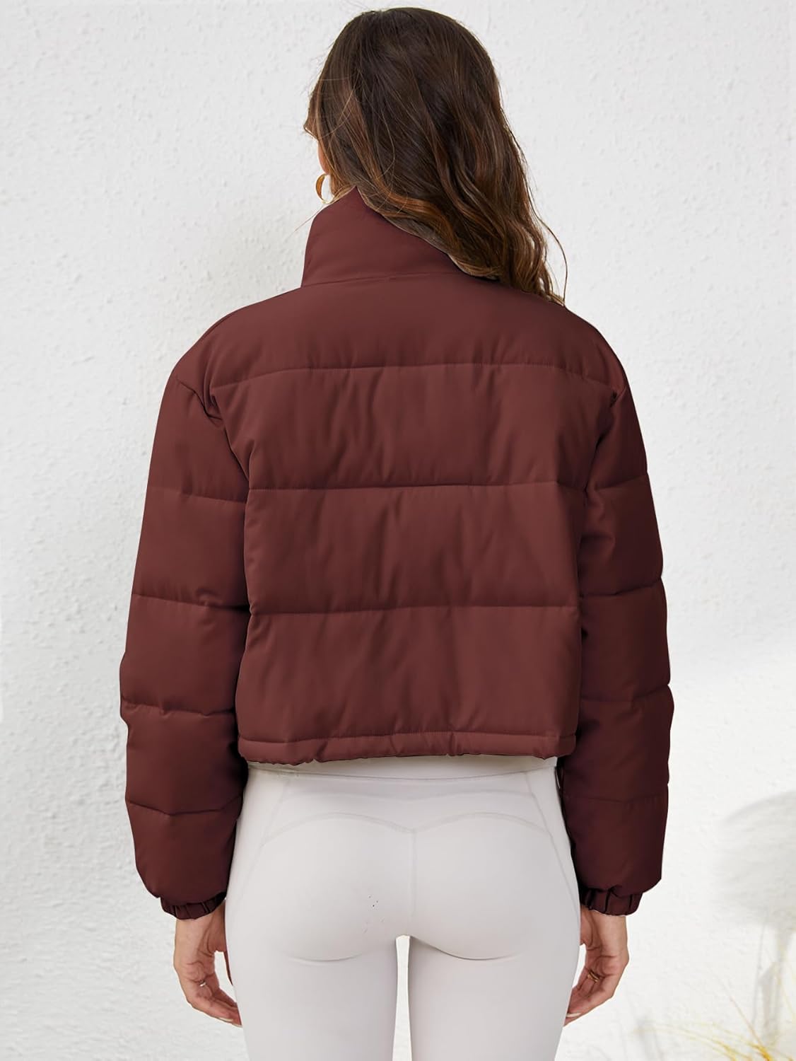 Women's Cropped Quilted Puffer Jacket Long Sleeve Stand Collar Zip-Up Puffy Coat with Drawstring & Pockets