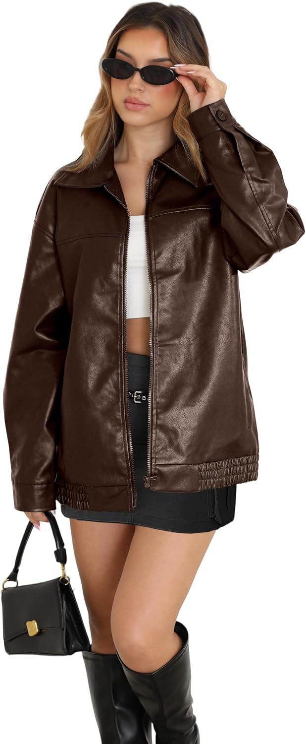 WIHOLL Women's Oversized Faux Suede Leather Jacket Fall Motorcycle Coat Winter Fashion Outfit Y2K Top