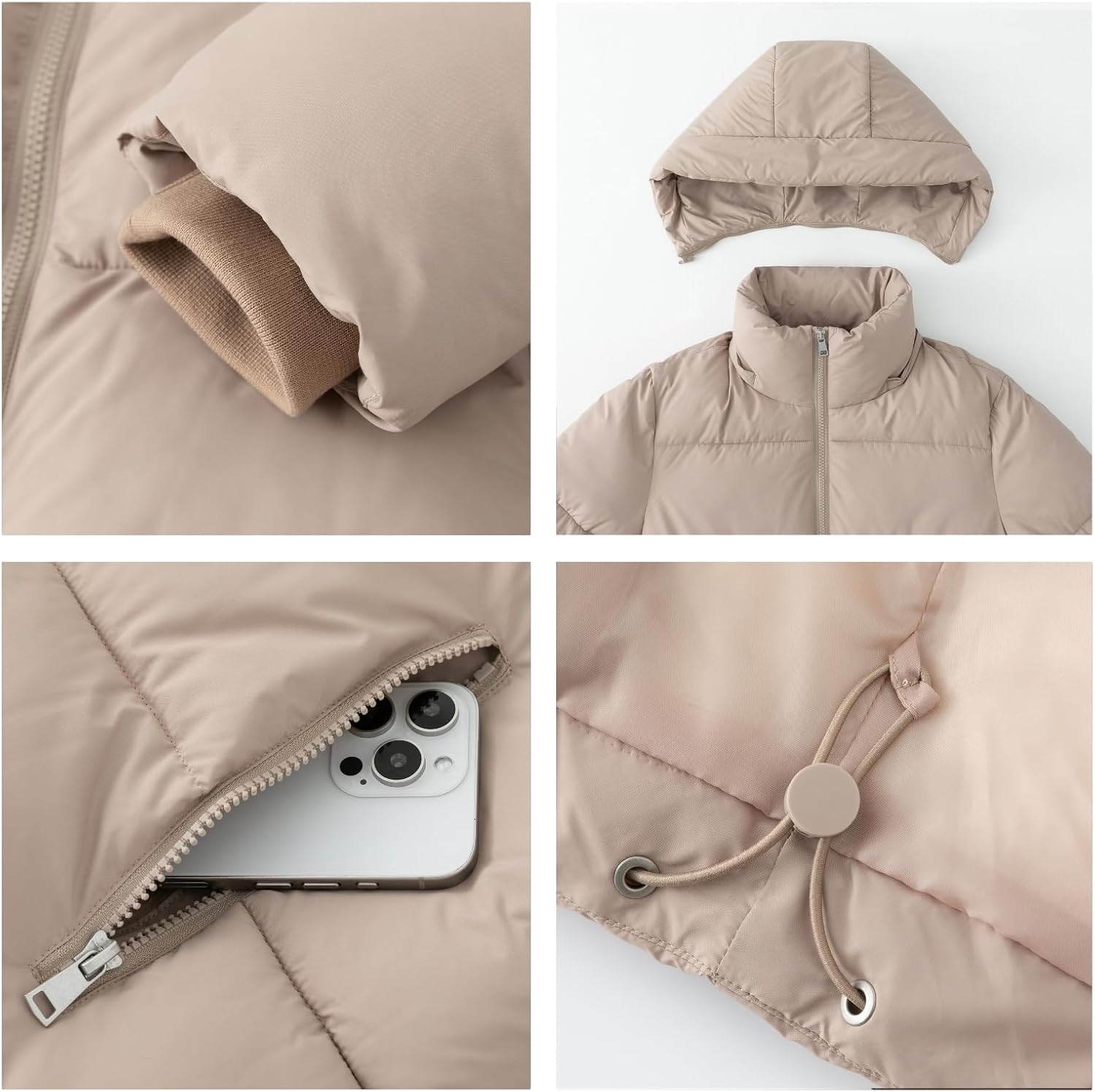 Women's Cropped Quilted Puffer Jacket with Removable Hood and Zippered Pockets Short Winter Coat