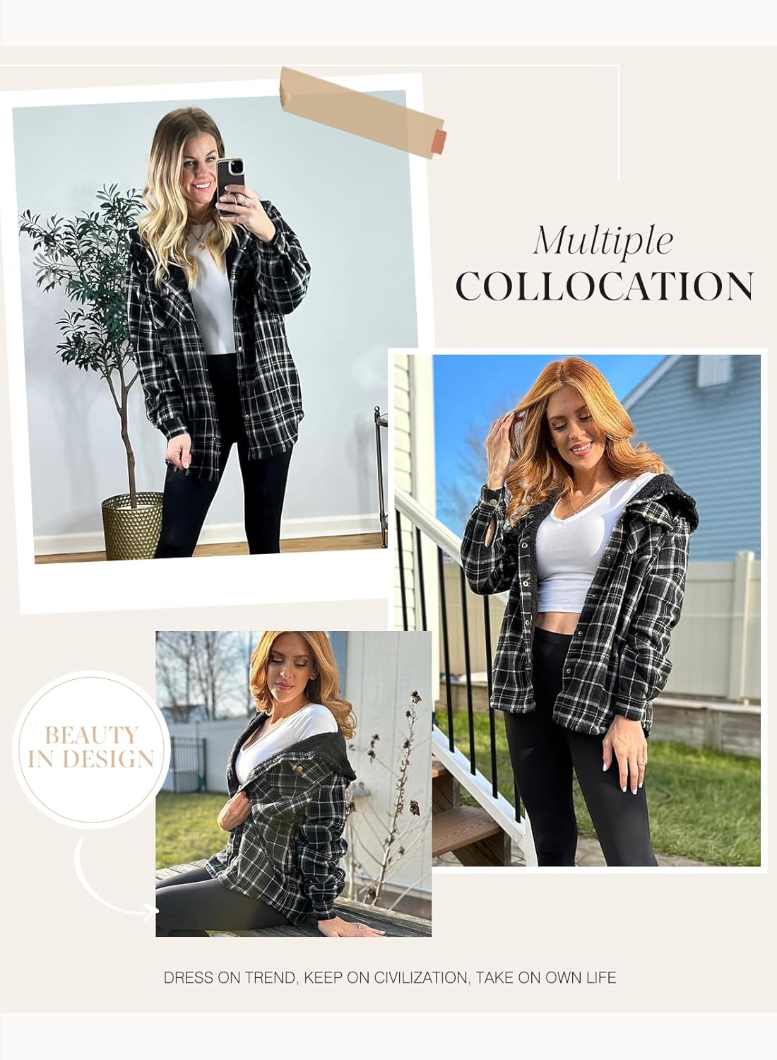 Dokotoo Women's Plaid Fleece Hooded Shacket Long Sleeve Button Down Warm Jacket Coat