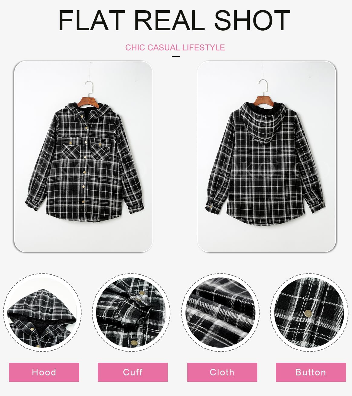 Dokotoo Women's Plaid Fleece Hooded Shacket Long Sleeve Button Down Warm Jacket Coat