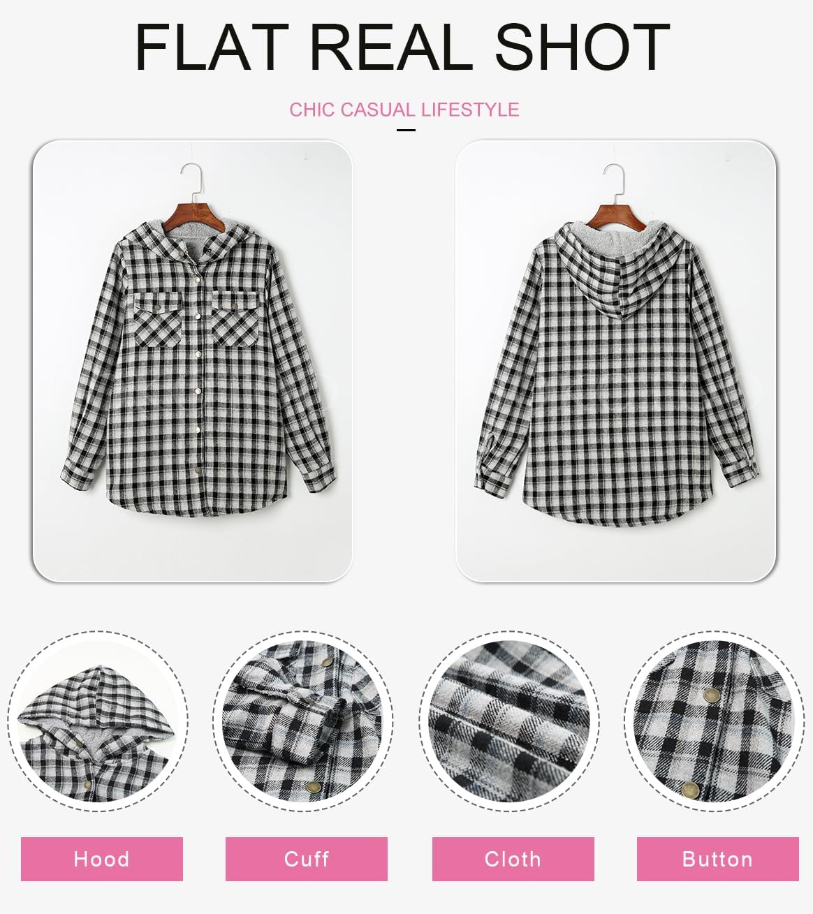 Dokotoo Women's Plaid Fleece Hooded Shacket Long Sleeve Button Down Warm Jacket Coat