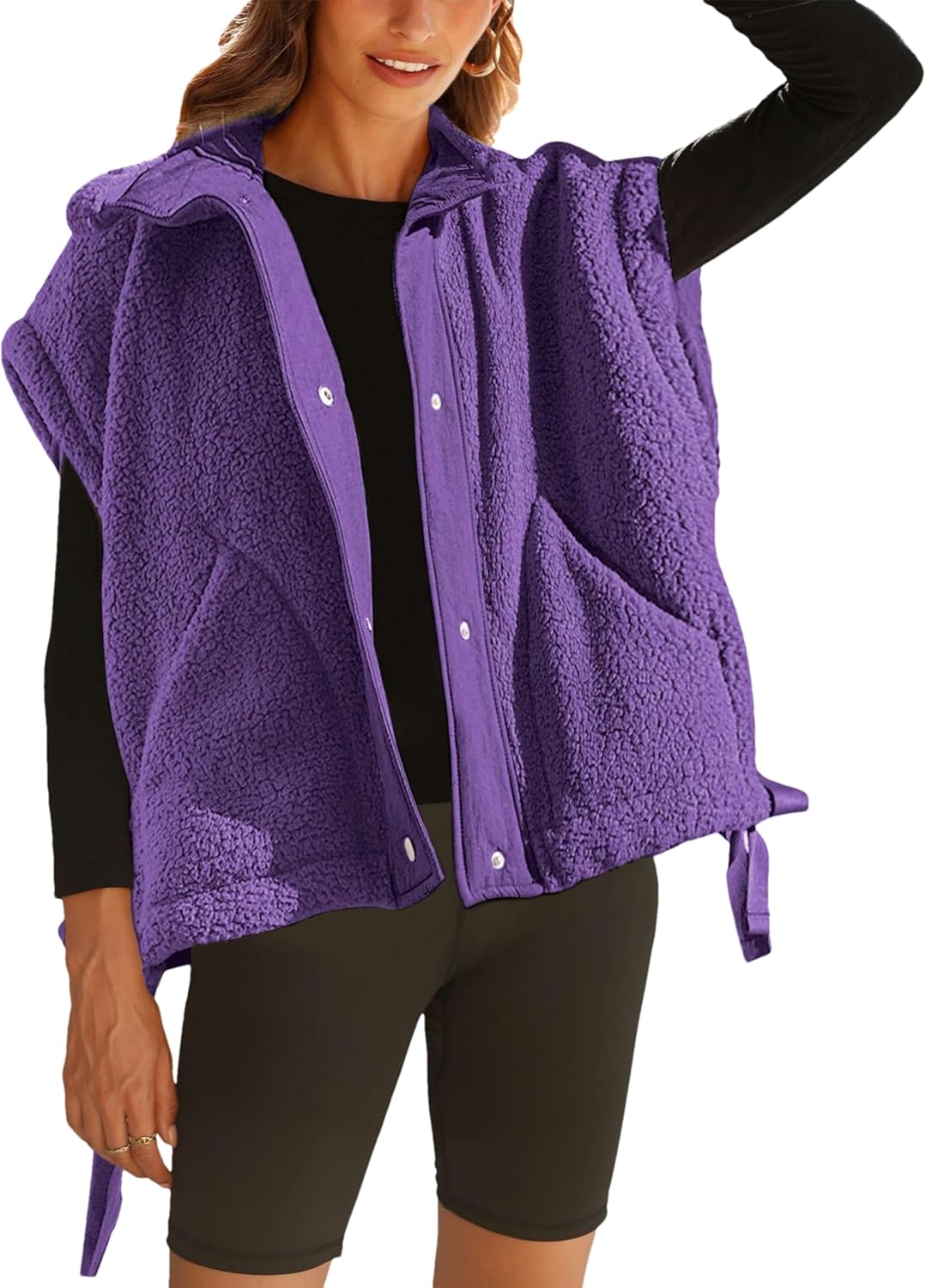 OPCAKM Women's Oversized Fuzzy Fleece Sherpa Vest Button Down Sleeveless Jacket with Pockets