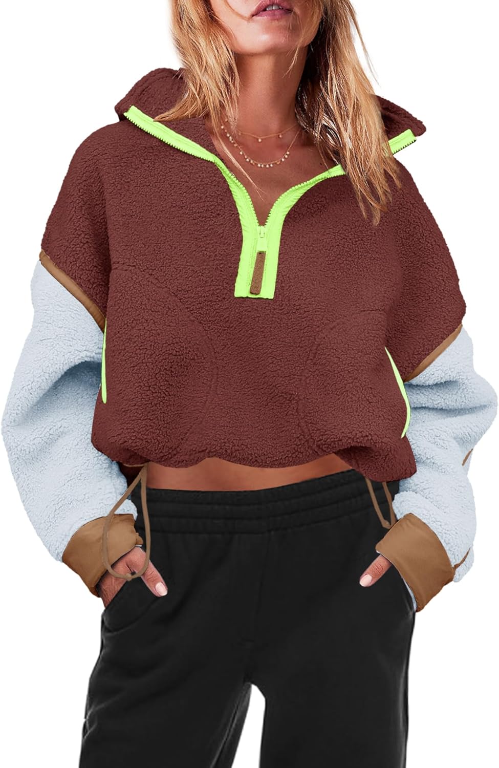 Panadila Women's Oversized Half Zip Sherpa Fleece Pullover Soft Fuzzy Sweatshirt with Pockets