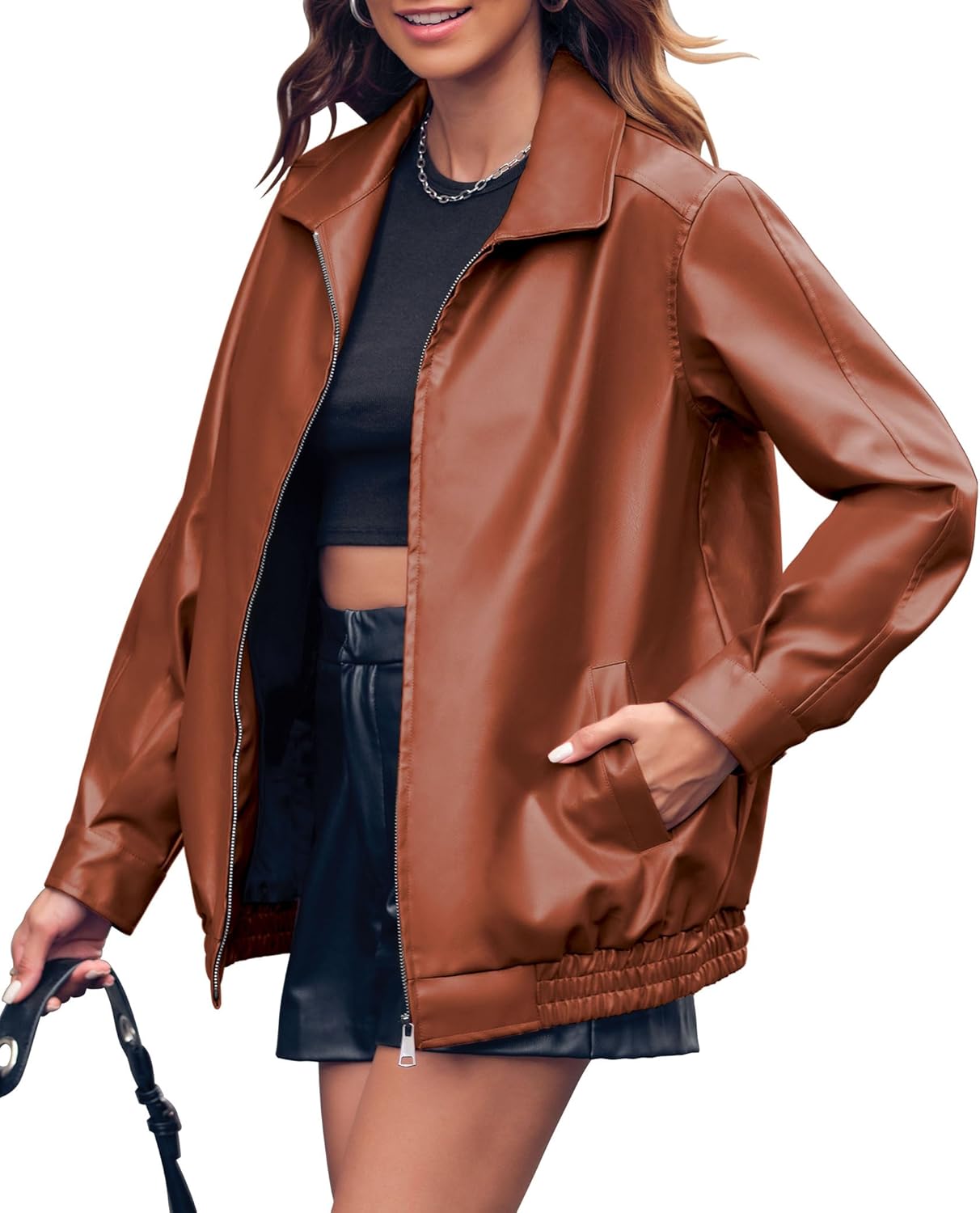 Miladusa Women's Oversized Faux Leather Zip-Up Bomber Motorcycle Jacket with Pockets