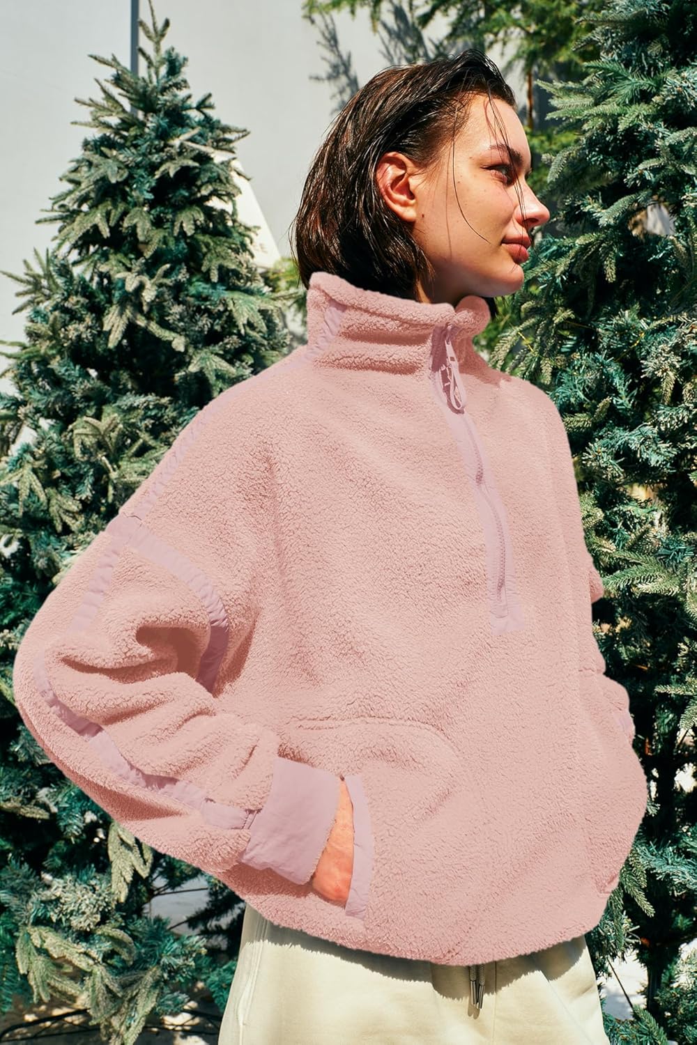 Panadila Women's Oversized Half Zip Sherpa Fleece Pullover Soft Fuzzy Sweatshirt with Pockets