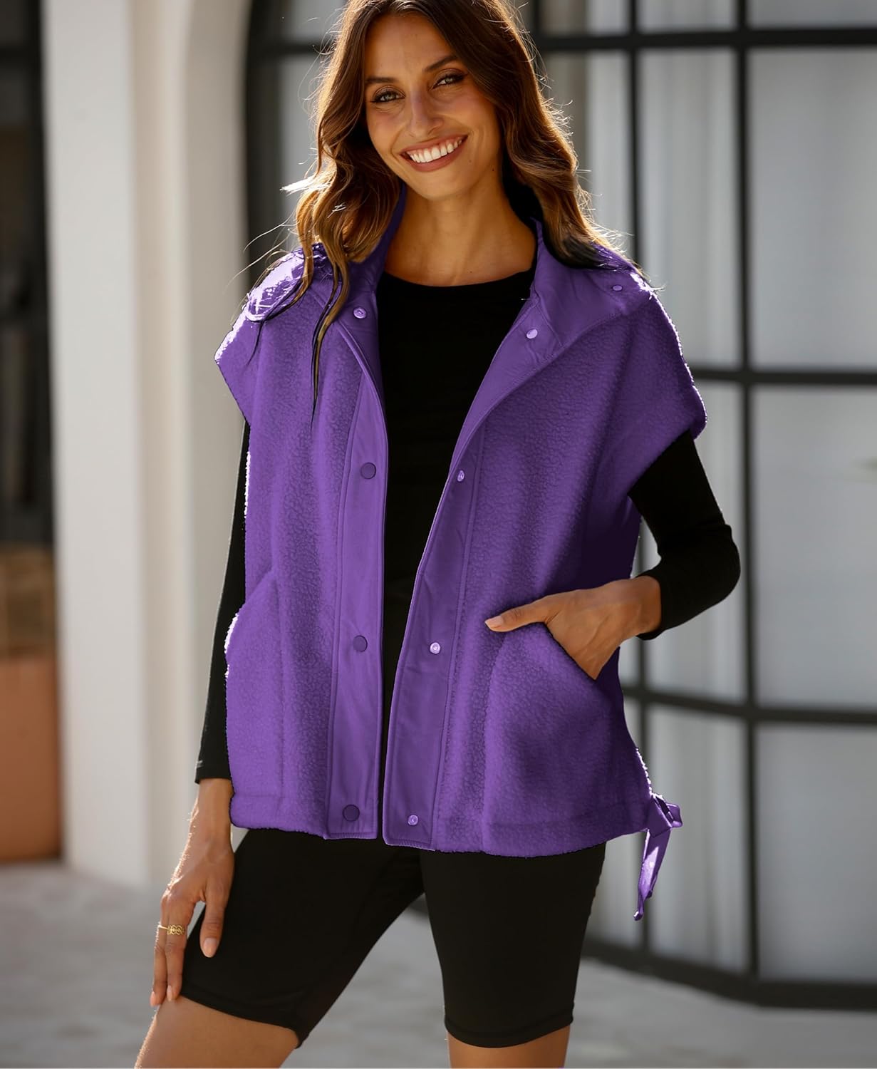 OPCAKM Women's Oversized Fuzzy Fleece Sherpa Vest Button Down Sleeveless Jacket with Pockets